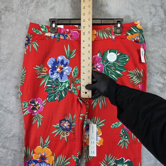 Old Navy Pixie Pants Womens 14 Red Floral Mid-Rise Ankle Length Stretch Tropical - Picture 5 of 14